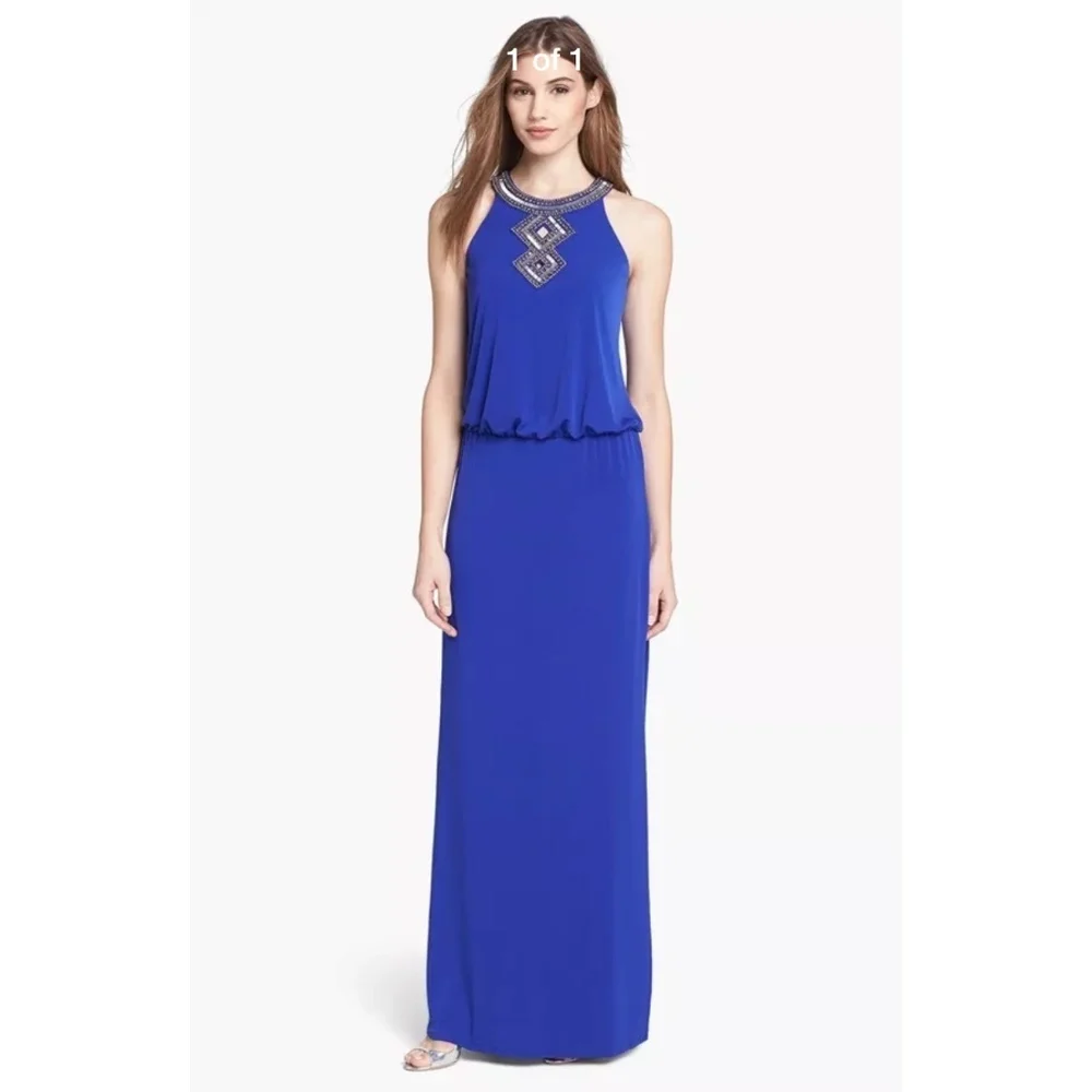 NWT $325 Laundry by Shelli Segal [ 10 ] Embellished‎ Blouson Gown in Blue